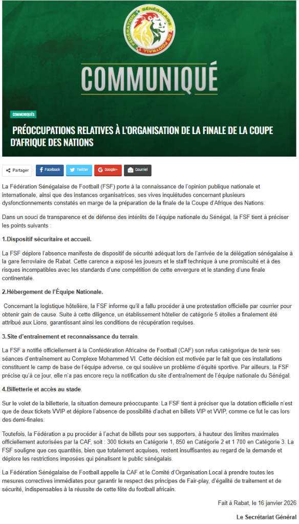 Finale sous Haute Tension : La Fédération Sénégalaise (FSF) dénonce l'organisation